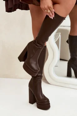 Clearance Boto Ocieplane Kozaki Damskie Na Słupku I Platformie Czekoladowe Lysara