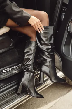 Damskie Boto Ocieplane Kozaki Damskie Na Słupku Z Marszczeniem Czarne Dariane