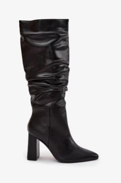 Damskie Boto Ocieplane Kozaki Damskie Na Słupku Z Marszczeniem Czarne Dariane