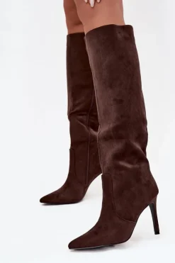 Clearance Boto Ocieplane Kozaki Damskie Na Szpilce Z Eko Zamszu Czekoladowe Rosavine Brązowy