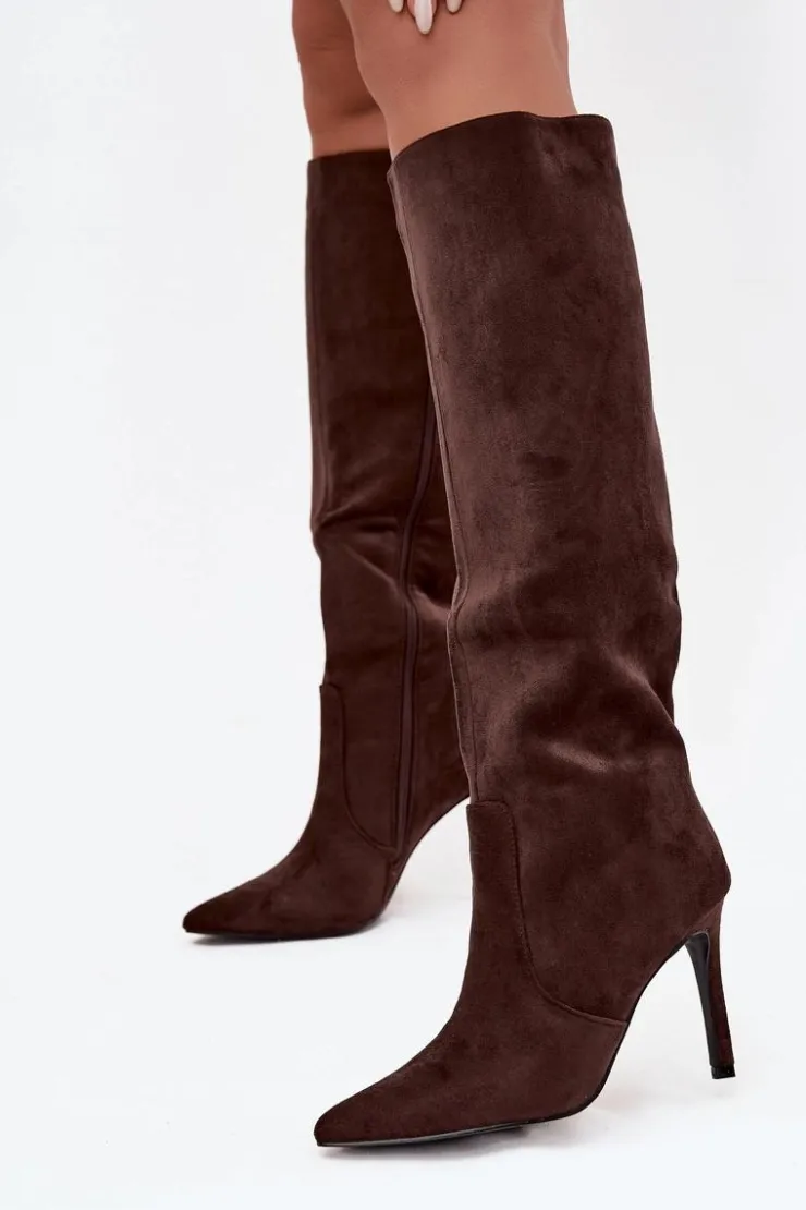 Clearance Boto Ocieplane Kozaki Damskie Na Szpilce Z Eko Zamszu Czekoladowe Rosavine Brązowy