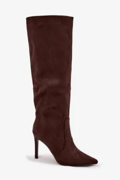 Clearance Boto Ocieplane Kozaki Damskie Na Szpilce Z Eko Zamszu Czekoladowe Rosavine Brązowy