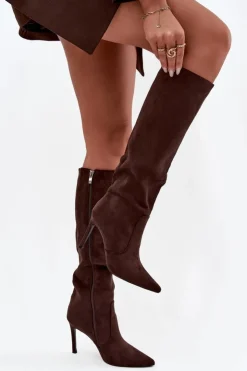 Clearance Boto Ocieplane Kozaki Damskie Na Szpilce Z Eko Zamszu Czekoladowe Rosavine Brązowy