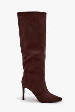 Clearance Boto Ocieplane Kozaki Damskie Na Szpilce Z Eko Zamszu Czekoladowe Rosavine Brązowy