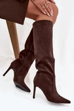 Clearance Boto Ocieplane Kozaki Damskie Na Szpilce Z Eko Zamszu Czekoladowe Rosavine Brązowy