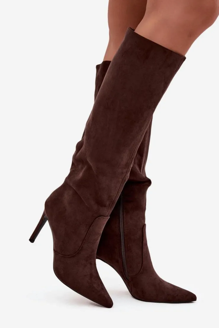 Clearance Boto Ocieplane Kozaki Damskie Na Szpilce Z Eko Zamszu Czekoladowe Rosavine Brązowy