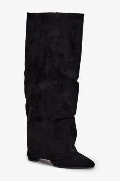 Hot Boto Ocieplane Kozaki Damskie Z Wywiniętą Cholewką Na Słupku Eko Zamszowe Czarne Elivira Czarny