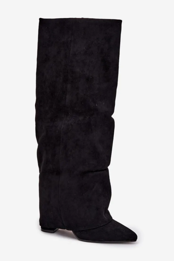 Hot Boto Ocieplane Kozaki Damskie Z Wywiniętą Cholewką Na Słupku Eko Zamszowe Czarne Elivira Czarny