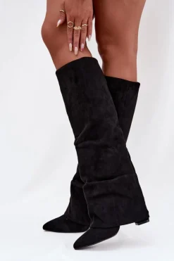 Hot Boto Ocieplane Kozaki Damskie Z Wywiniętą Cholewką Na Słupku Eko Zamszowe Czarne Elivira Czarny