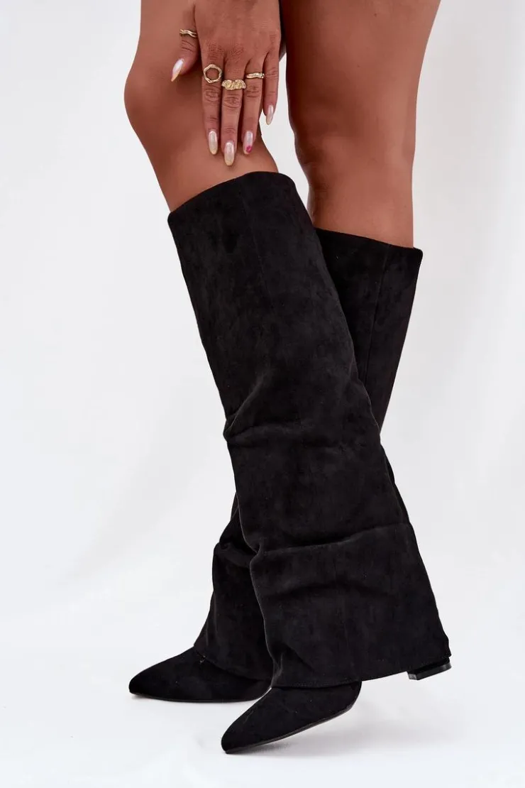 Hot Boto Ocieplane Kozaki Damskie Z Wywiniętą Cholewką Na Słupku Eko Zamszowe Czarne Elivira Czarny