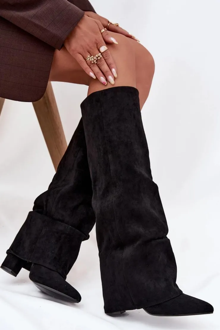 Hot Boto Ocieplane Kozaki Damskie Z Wywiniętą Cholewką Na Słupku Eko Zamszowe Czarne Elivira Czarny