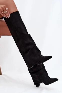 Hot Boto Ocieplane Kozaki Damskie Z Wywiniętą Cholewką Na Słupku Eko Zamszowe Czarne Elivira Czarny