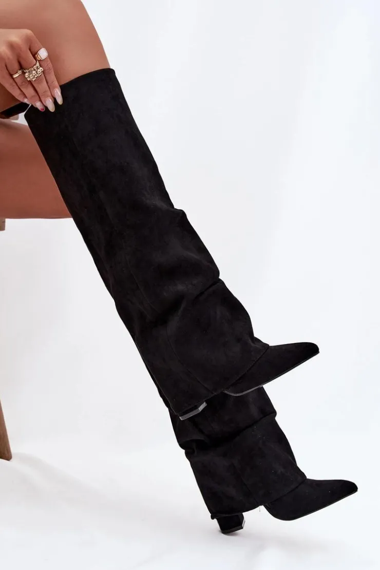 Hot Boto Ocieplane Kozaki Damskie Z Wywiniętą Cholewką Na Słupku Eko Zamszowe Czarne Elivira Czarny