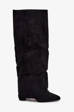 Hot Boto Ocieplane Kozaki Damskie Z Wywiniętą Cholewką Na Słupku Eko Zamszowe Czarne Elivira Czarny