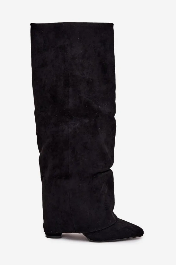 Hot Boto Ocieplane Kozaki Damskie Z Wywiniętą Cholewką Na Słupku Eko Zamszowe Czarne Elivira Czarny