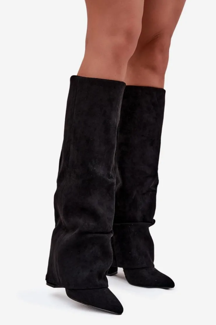 Hot Boto Ocieplane Kozaki Damskie Z Wywiniętą Cholewką Na Słupku Eko Zamszowe Czarne Elivira Czarny