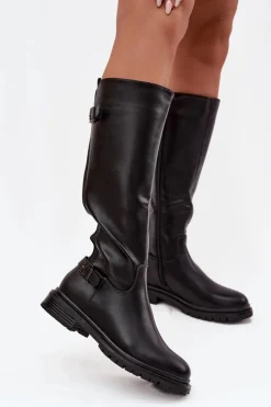 Boto Kozaki Ocieplane|Kozaki Płaskie*Ocieplane Kozaki Damskie Na Płaskim Obcasie Z Klamrami Czarne Sarelle Czarny