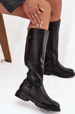 Boto Kozaki Ocieplane|Kozaki Płaskie*Ocieplane Kozaki Damskie Na Płaskim Obcasie Z Klamrami Czarne Sarelle Czarny