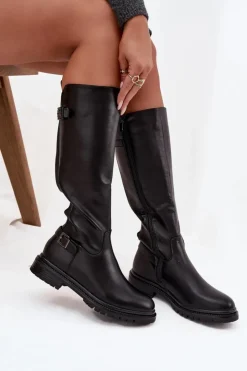 Boto Kozaki Ocieplane|Kozaki Płaskie*Ocieplane Kozaki Damskie Na Płaskim Obcasie Z Klamrami Czarne Sarelle Czarny