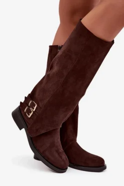 Boto Kozaki Ocieplane|Kozaki Z Wywiniętą Cholewką*Ocieplane Kozaki Damskie Z Klamrami Czekoladowe Umbria Brązowy