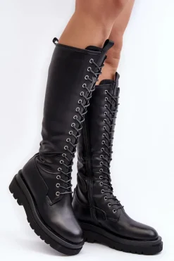 Best Boto Ocieplane Kozaki Glany Damskie Przed Kolano Czarne Lliclies