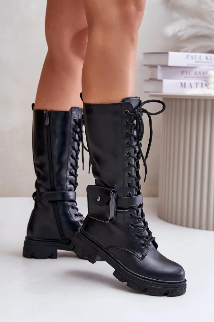 Boto Kozaki Wiosenne|Kozaki Płaskie*Ocieplane Kozaki Glany Do Połowy Łydki Z Saszetką Czarne Temisza