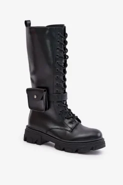 Boto Kozaki Wiosenne|Kozaki Płaskie*Ocieplane Kozaki Glany Do Połowy Łydki Z Saszetką Czarne Temisza