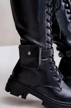 Boto Kozaki Wiosenne|Kozaki Płaskie*Ocieplane Kozaki Glany Do Połowy Łydki Z Saszetką Czarne Temisza