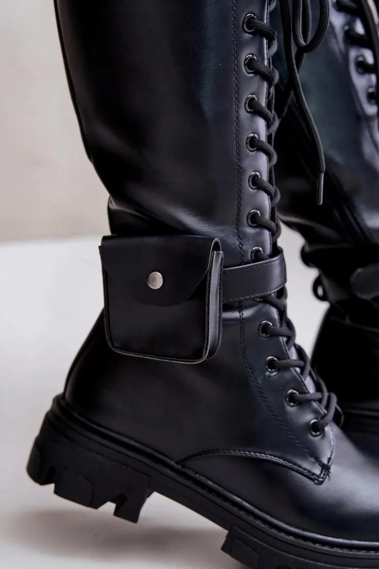 Boto Kozaki Wiosenne|Kozaki Płaskie*Ocieplane Kozaki Glany Do Połowy Łydki Z Saszetką Czarne Temisza