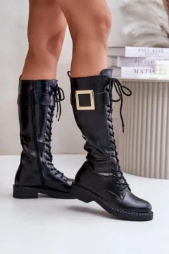 Sale Boto Ocieplane Kozaki Glany Z Ozdobną Klamrą Czarne Linnealisa