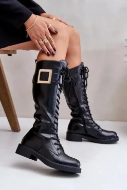 Sale Boto Ocieplane Kozaki Glany Z Ozdobną Klamrą Czarne Linnealisa