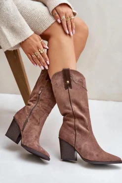 Boto Kozaki Przed Kolano|Kozaki Na Obcasie*Ocieplane Kozaki Kowbojki Na Słupku Eko Zamszowe Brązowe Hanivin