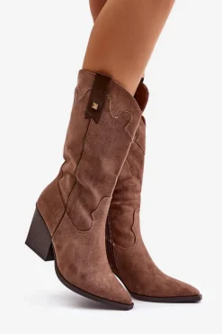 Boto Kozaki Przed Kolano|Kozaki Na Obcasie*Ocieplane Kozaki Kowbojki Na Słupku Eko Zamszowe Brązowe Hanivin