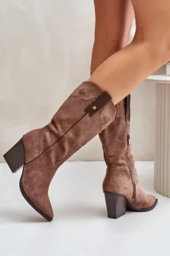 Boto Kozaki Przed Kolano|Kozaki Na Obcasie*Ocieplane Kozaki Kowbojki Na Słupku Eko Zamszowe Brązowe Hanivin