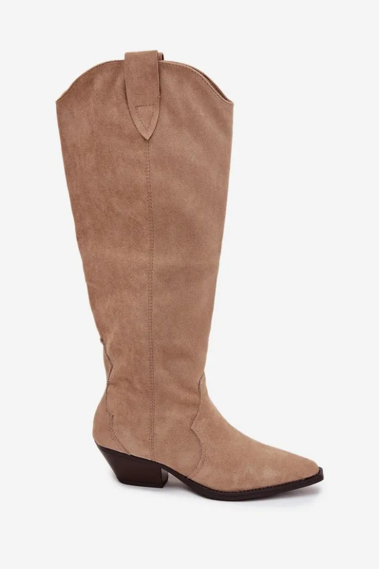 Boto Kozaki Ocieplane|Kozaki Na Słupku*Ocieplane Kozaki Kowbojki Na Obcasie Z Eko Zamszu Beżowe Jovianne Beżowy