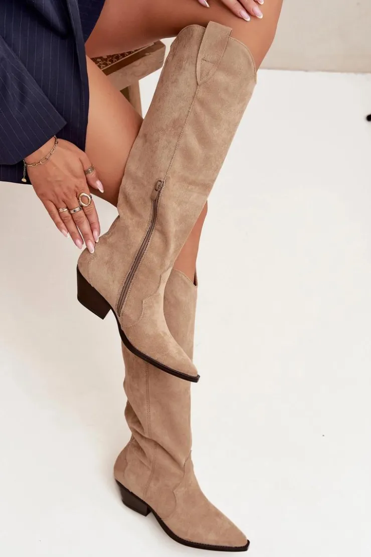 Boto Kozaki Ocieplane|Kozaki Na Słupku*Ocieplane Kozaki Kowbojki Na Obcasie Z Eko Zamszu Beżowe Jovianne Beżowy