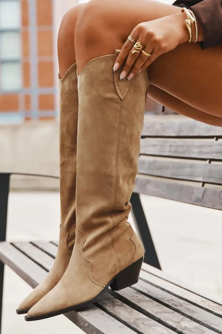 Boto Kozaki Ocieplane|Kozaki Na Słupku*Ocieplane Kozaki Kowbojki Na Obcasie Z Eko Zamszu Beżowe Jovianne Beżowy