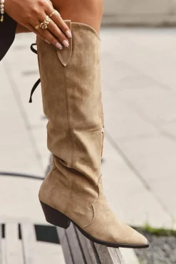 Boto Kozaki Ocieplane|Kozaki Na Słupku*Ocieplane Kozaki Kowbojki Na Obcasie Z Eko Zamszu Beżowe Jovianne Beżowy