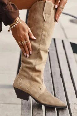 Boto Kozaki Ocieplane|Kozaki Na Słupku*Ocieplane Kozaki Kowbojki Na Obcasie Z Eko Zamszu Beżowe Jovianne Beżowy