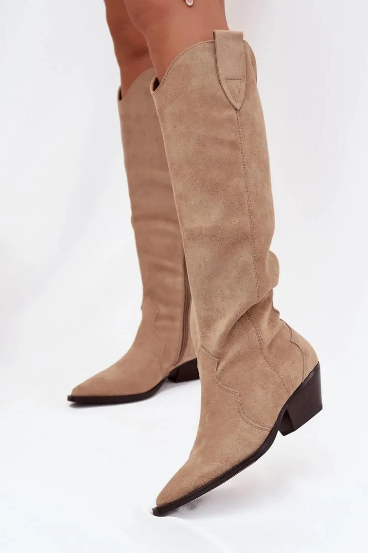 Boto Kozaki Ocieplane|Kozaki Na Słupku*Ocieplane Kozaki Kowbojki Na Obcasie Z Eko Zamszu Beżowe Jovianne Beżowy