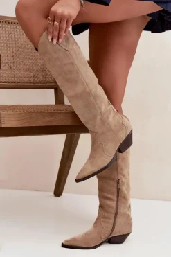 Boto Kozaki Ocieplane|Kozaki Na Słupku*Ocieplane Kozaki Kowbojki Na Obcasie Z Eko Zamszu Beżowe Jovianne Beżowy