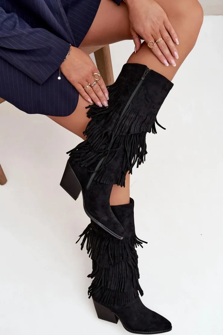 Hot Boto Ocieplane Kozaki Kowbojki Damskie Z Frędzlami Czarne Brivina Czarny