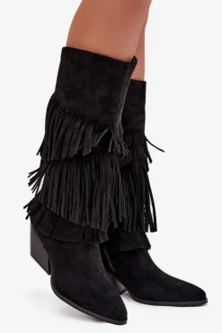 Hot Boto Ocieplane Kozaki Kowbojki Damskie Z Frędzlami Czarne Brivina Czarny