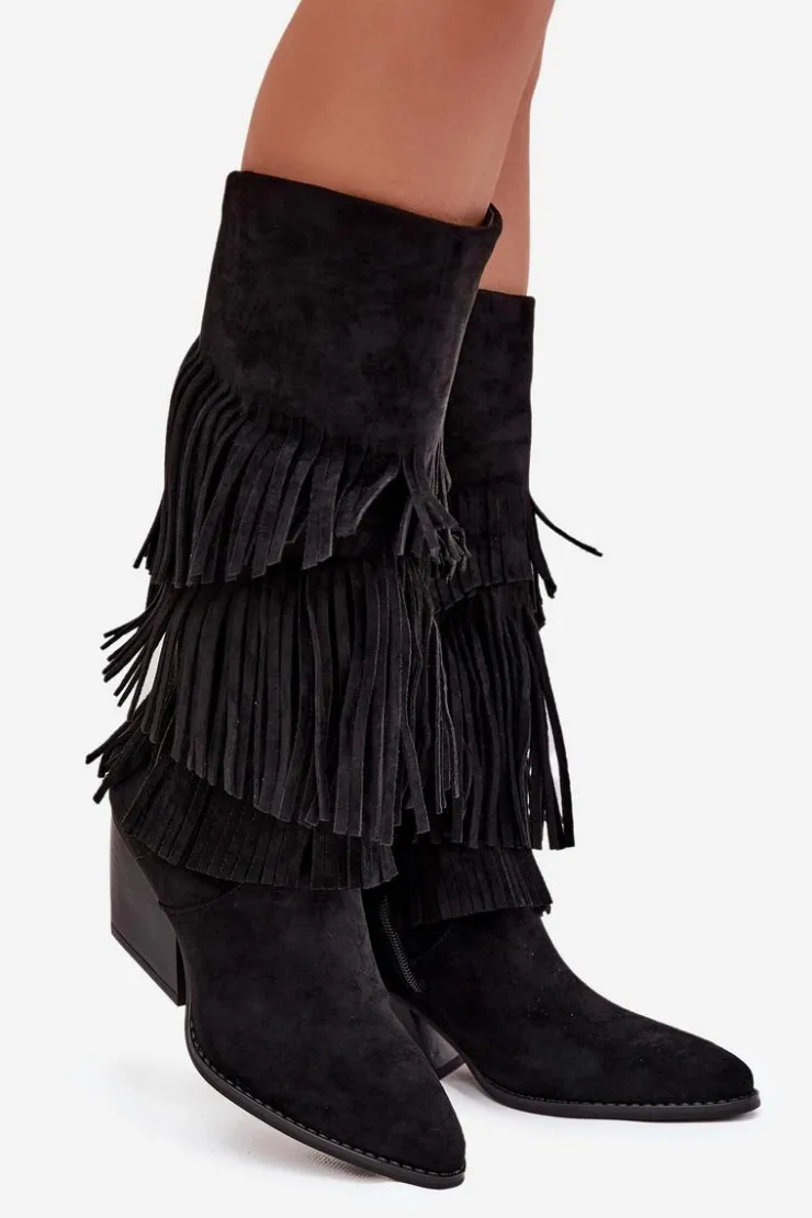 Hot Boto Ocieplane Kozaki Kowbojki Damskie Z Frędzlami Czarne Brivina Czarny