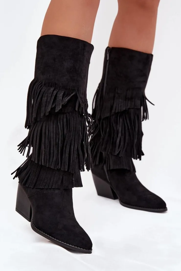 Hot Boto Ocieplane Kozaki Kowbojki Damskie Z Frędzlami Czarne Brivina Czarny