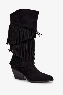 Hot Boto Ocieplane Kozaki Kowbojki Damskie Z Frędzlami Czarne Brivina Czarny