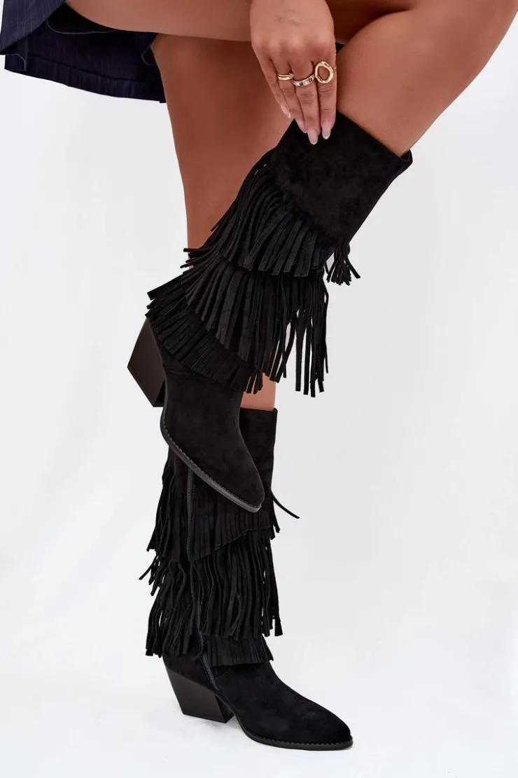 Hot Boto Ocieplane Kozaki Kowbojki Damskie Z Frędzlami Czarne Brivina Czarny