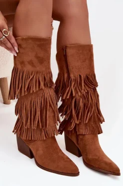 New Boto Ocieplane Kozaki Kowbojki Damskie Z Frędzlami Camel Brivina Brązowy