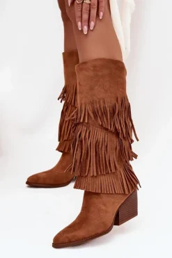 New Boto Ocieplane Kozaki Kowbojki Damskie Z Frędzlami Camel Brivina Brązowy