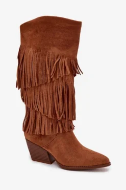 New Boto Ocieplane Kozaki Kowbojki Damskie Z Frędzlami Camel Brivina Brązowy